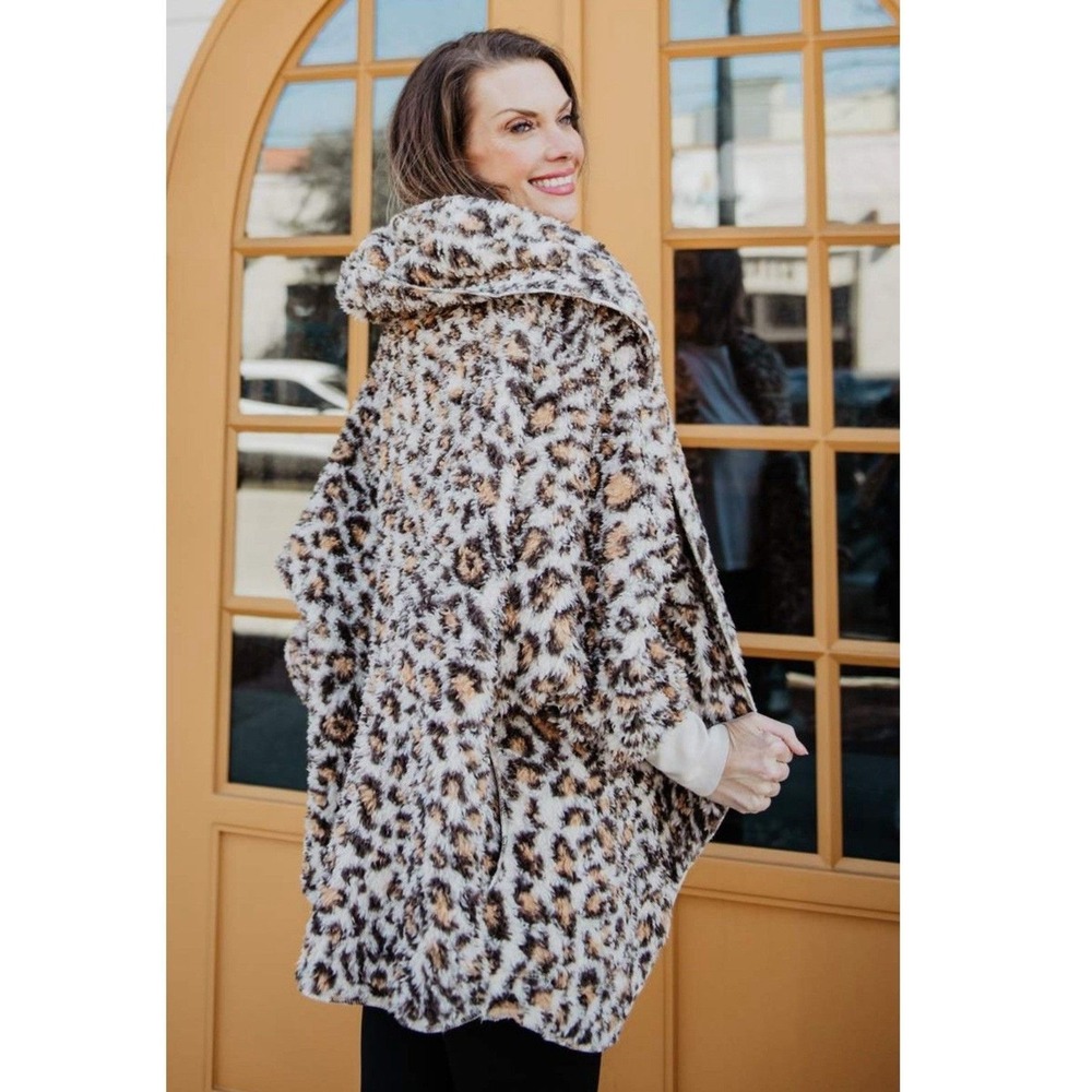Leopard Sherpa Hooded Cardigan Womens Cozy Lounge Wrap Jacket - Picture 9 of 9